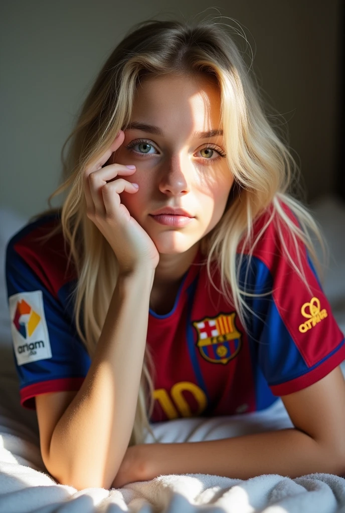 Fille blonde de 24 ans allongée sur un lit regardant devant la caméra, portant un maillot de l'équipe de football de Barcelone, avec le numéro 10 de Messi, cheveux blonds, elle se couvre le visage avec sa main, Pâle, et cheveux longs, montrant la chemise