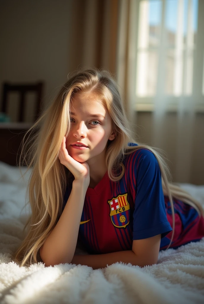 Fille blonde de 24 ans allongée sur un lit regardant devant la caméra, portant un maillot de l'équipe de football de Barcelone, avec le numéro 10 de Messi, cheveux blonds, elle se couvre le visage avec sa main, Pâle, et cheveux longs, montrant la chemise