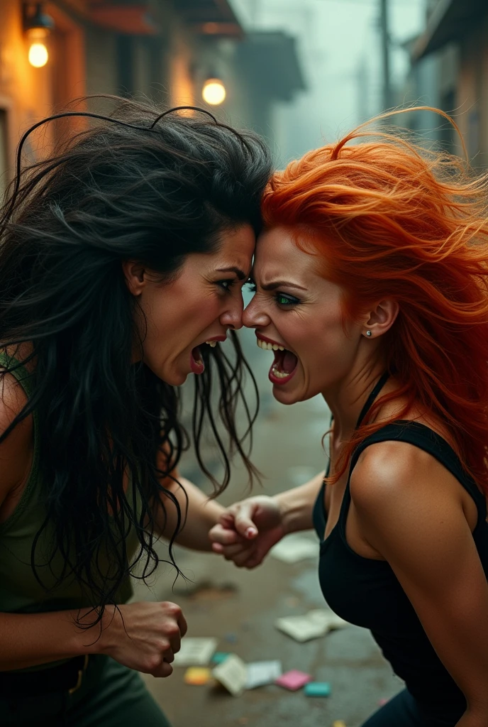 Two women hair pulling catfight face should be seen clearly with angry expression.