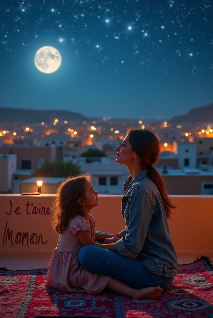 Une femme arabe d'une merveilleuse beauté, assise sur un tapis marocain sur le toit de la maison, en jean et pieds nus, contemplant la lune avec sa fille, sa fille.
Elle écrit sur le mur : « Je t'aime, maman » et elle porte également un jean. Depuis le toit, on voit d'autres grandes maisons aux fenêtres éclairées.