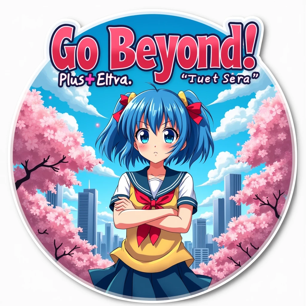 Sticker, "Go Beyond! Plus Ultra!" - Featuring a determined anime schoolgirl character against a backdrop of cityscape and sakura blossoms, on a white background.