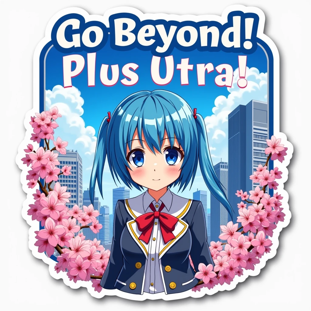 Sticker, "Go Beyond! Plus Ultra!" - Featuring a determined anime schoolgirl character against a backdrop of cityscape and sakura blossoms, on a white background.