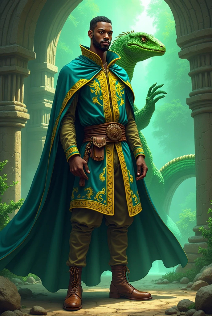 African male as a powerful myth wizard from Wizard 101 in yellow and blue. Wearing shoes and having a giant pet basilisk