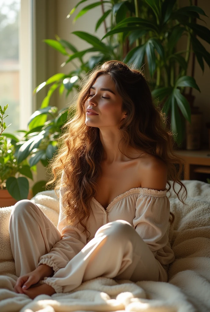 (photorealism:1.2), beautiful woman, sitting on bed, wearing loose off-shoulder top, pajama pants, long curly hair, indoors, soft lighting, plants in background, window with sunlight, cozy room, relaxed pose, realistic, intricate details, warm colors, by Greg Rutkowski, by Alphonse Mucha