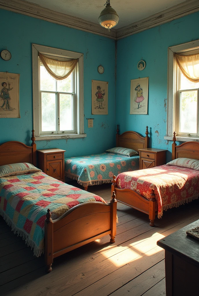 orphanage that has several beds and at the same time sky blue walls that look worn and is like an RPG game and with a basic drawing style generally in horizontal size