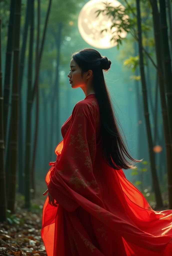 A beautiful woman in a red layered kimono, long black hair in a princess cut flowing behind her, standing alone in a bamboo forest under the moonlit starry sky, highly detailed, photorealistic, 8K, cinematic lighting, wide shot, masterpiece