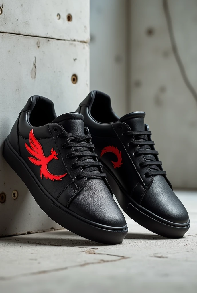 Create a casual tennis shoe, all black, with the logo being a red phoenix, special edition
