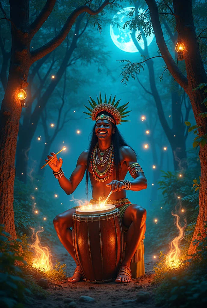 an Indian named Bunt plays drums in the middle of the night forest, Loa spirits fly around