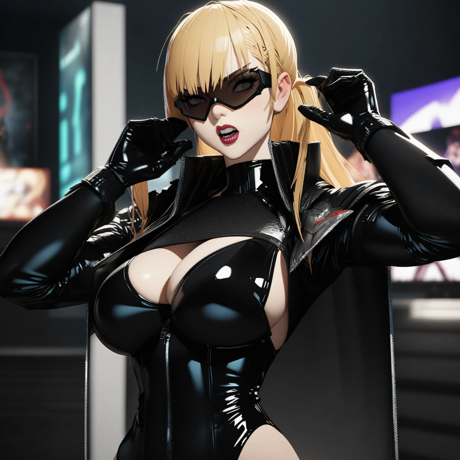 there is a woman in a latex outfit posing for a picture, as a character in tekken, dead or alive 6, black canary, 2 b, 2b, rendered in sfm, character from king of fighters, badass anime 8 k, cyberpunk angry gorgeous goddess, 3 d render character art 8 k, fighting game character, misa amane, cyber suit