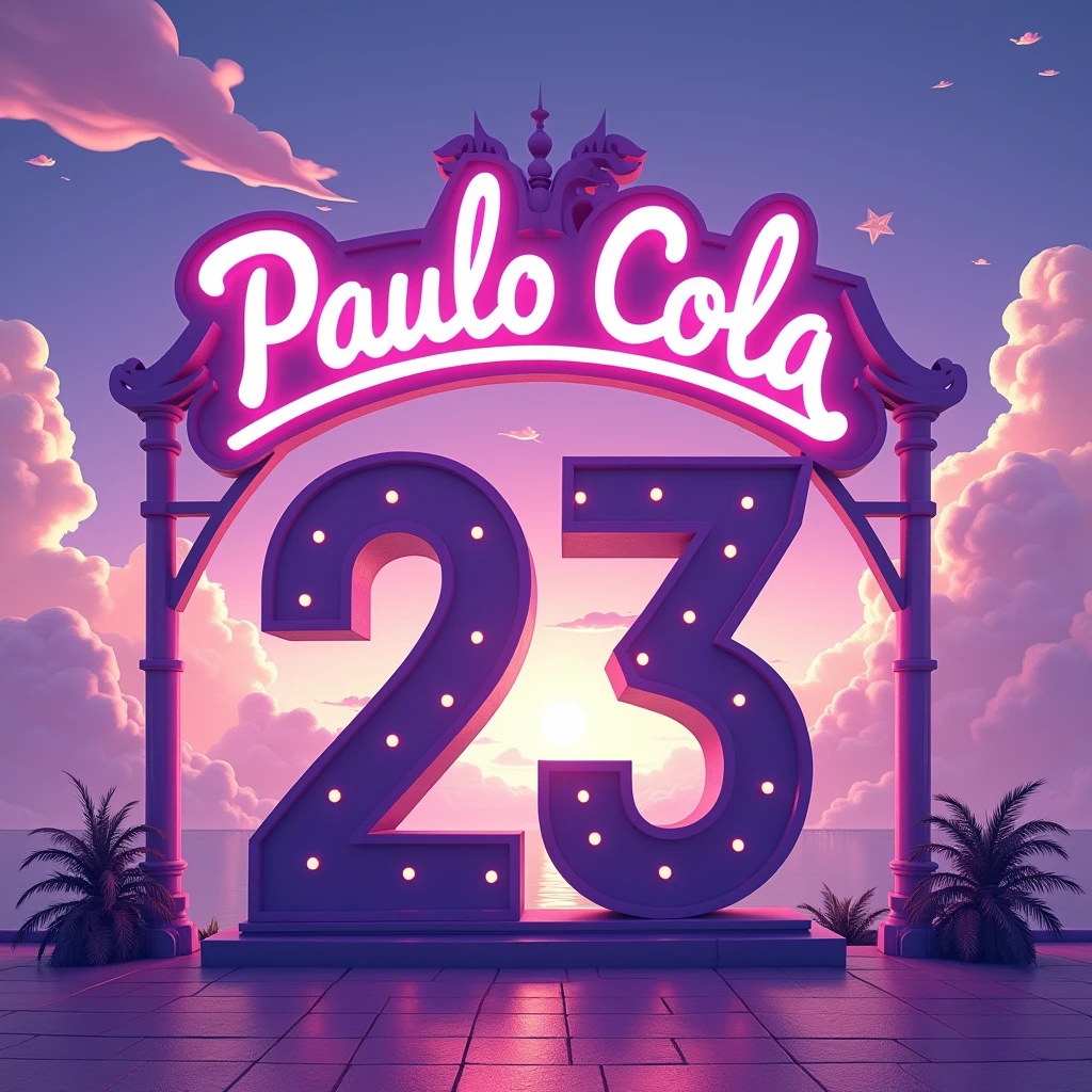 Create an image with the name “Paulo Cola” AND the number “23", AND draw a sign for a city called “Piuma”. Purple as the main color theme.