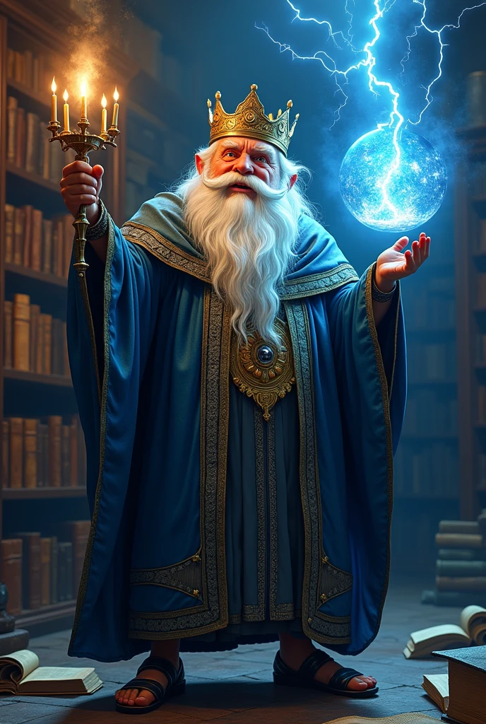 Scholarly dwarf with candelabra and a crown and sandals and powers of lightning and ice around him