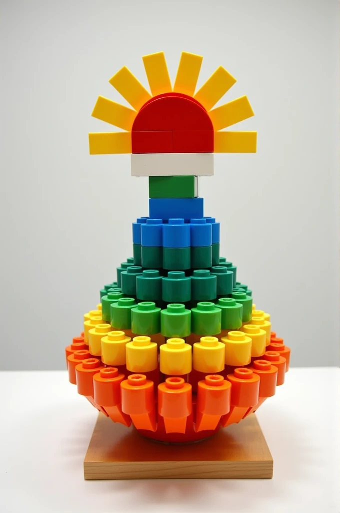 I need your help in making a structure out of a Lego pieces I have in different colour shades like white green blue Orange red and yellow total number of Lego pieces are 50 in which 9 bytes nine orange 8 green 8 blue 8 red and 8 yellow and the dimension of Lego is 2/2 make a structure from a which we can put it as a showpiece and creative art work