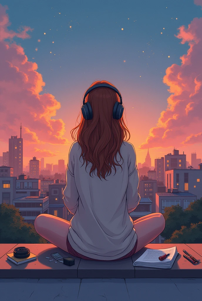 anime style scene of a woman with headphones on sideways, Lofi Stylestyle, in the style of atey ghailan, Lofi Style, inspired by Atey Ghailan, lofi hip hop, lofi girl, garota lofi aesthetics, atey ghailan 8k, Lofi hears, sitting on a roof, lofi aesthetics