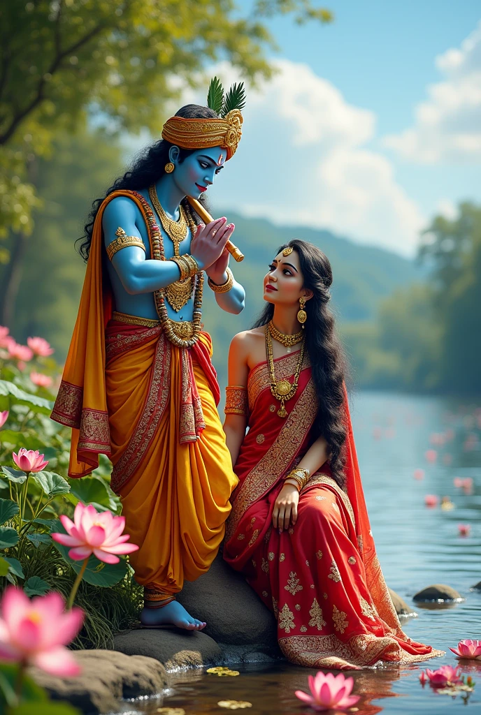 Shree krishan name's lord , near river , Radha with sitting