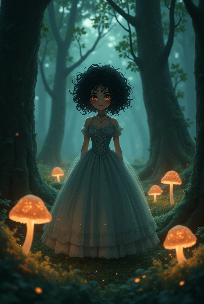 , black curly hair , forest, dark fantasy, fungus, tender, anime, dark eyes, pink cheeks,  Victorian age, 