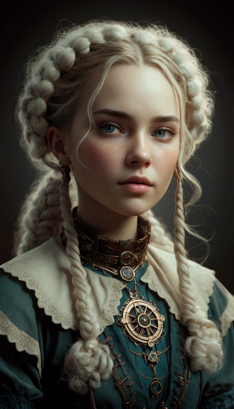 a portrait of a young woman with braids and a necklace, 8k portrait rendering, hyperdetailed fantasy character, 8k 3D rendering character art, cinematic realistic portrait, intricate wlop, soft portrait photographed in 8k, Realistic fantasy rendering, cg society portrait, Young man in steampunk clothes, fantasy art portrait, highly detailed digital art in 4k, highly detailed character