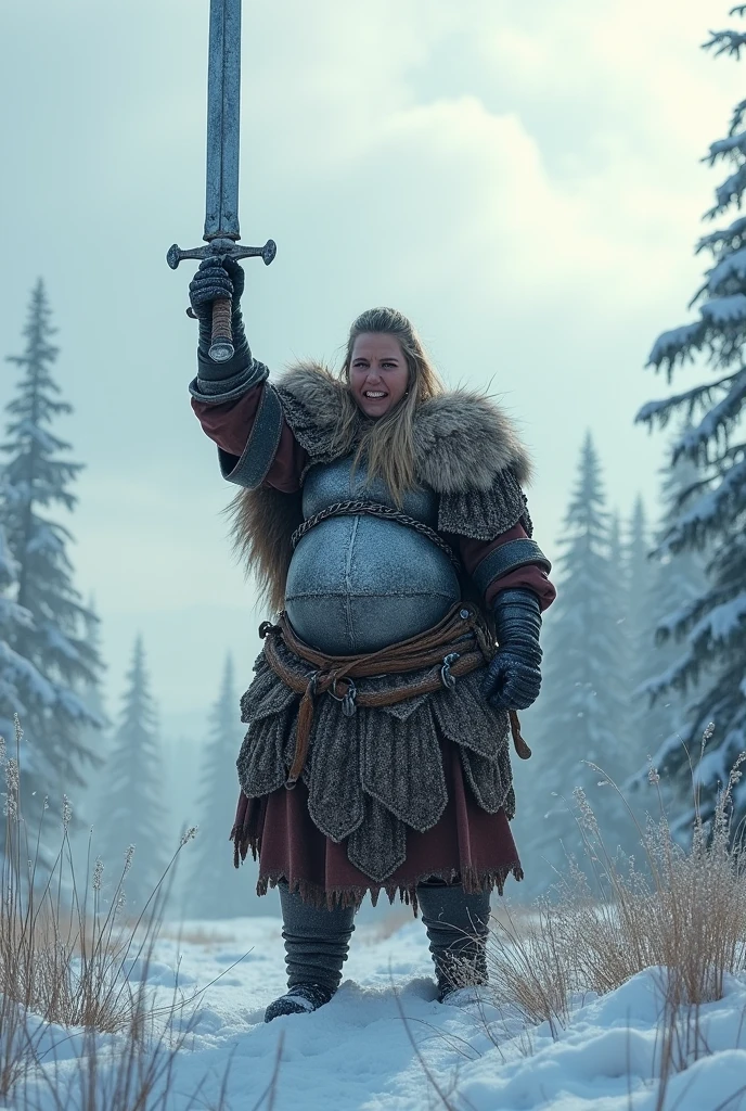 pregnant chubby barbarian woman winter victory pose chainmail