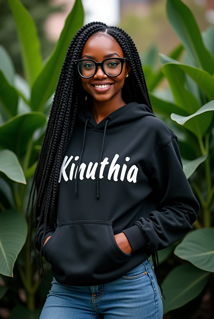 (photorealism:1.2), beautiful black African woman,23 years,sharp boobs,,wearing jeans and a fitting hoodie written "Kinuthia", long braids,oversized black glasses, standing , plants in background, Nickie Minaj inspiration