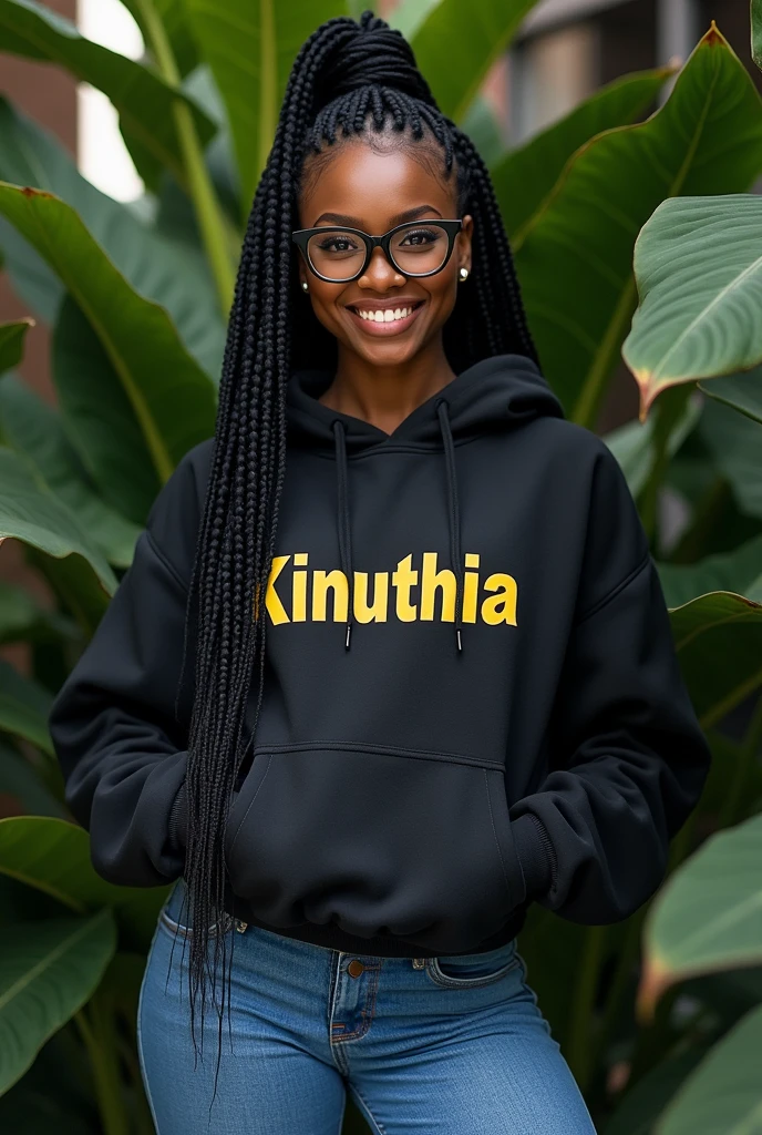 (photorealism:1.2), beautiful black African woman,23 years,sharp boobs,,wearing jeans and a fitting hoodie written "Kinuthia", long braids,oversized black glasses, standing , plants in background, Nickie Minaj inspiration