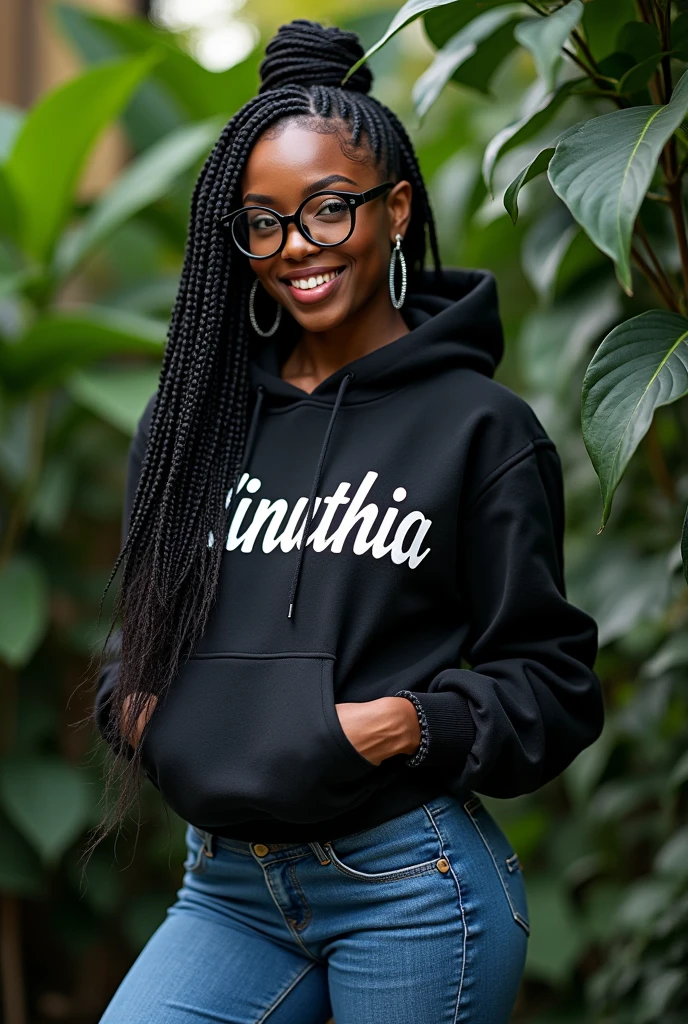 (photorealism:1.2), beautiful black African woman,23 years,sharp boobs,,wearing jeans and a fitting hoodie written "Kinuthia", long braids,oversized black glasses, standing , plants in background, Nickie Minaj inspiration