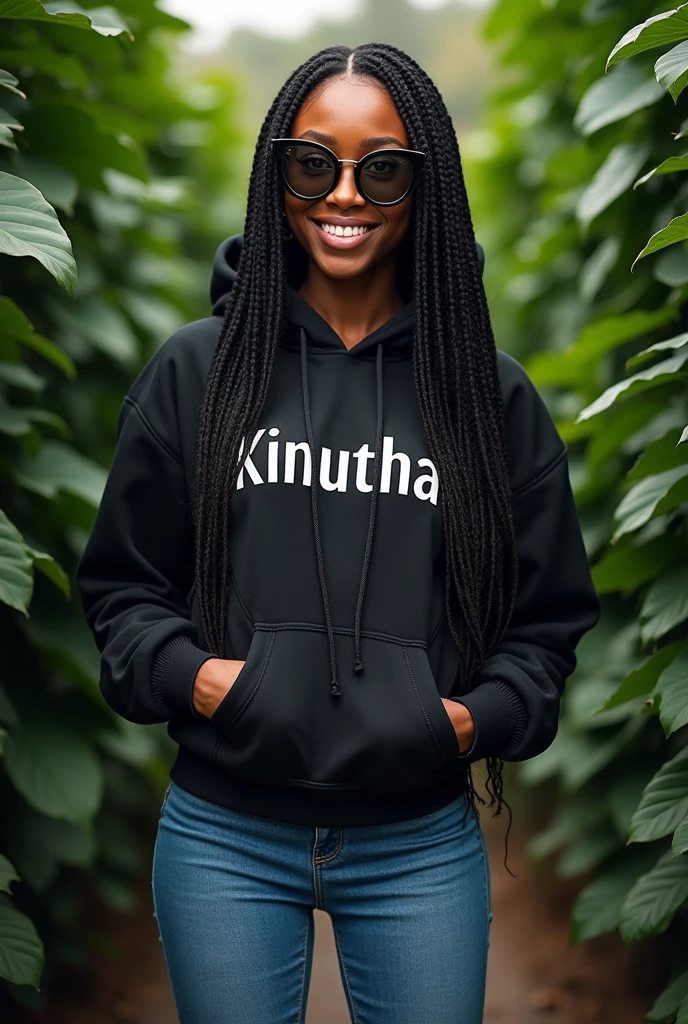 (photorealism:1.2), beautiful black African woman,23 years,sharp boobs,,wearing jeans and a fitting hoodie written "Kinuthia", long braids,oversized black glasses, standing , plants in background, Nickie Minaj inspiration