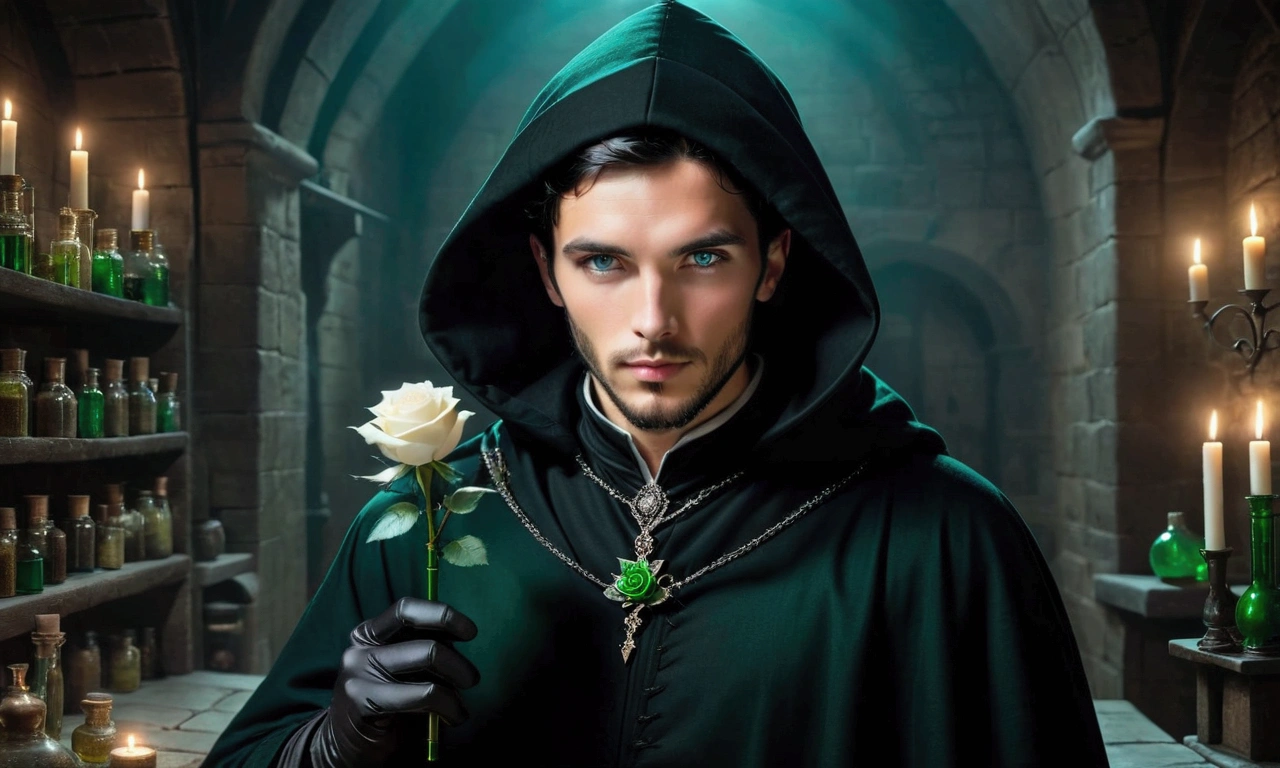 a young handsome european man black hair short beard blue eyes wearing a black noble cloth with hood cover his head with black gloves with a white rose brooch holding a green vial tube in his hand in the medieval lab at night
