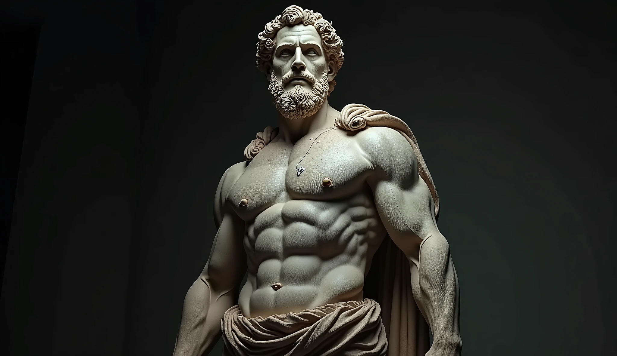 A stoic statue in 4k, a stoic statue from Greece, 8k film with Hercules style and dark background