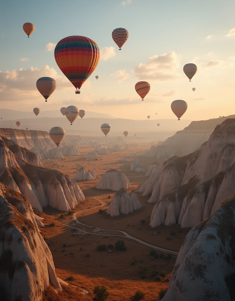 (best quality),(masterpiece:1.2),(very detailed:1.2),ultra high resolution,(Realistic stick),(RAW photos:1.2),8k,Expansive landscape photography,realistic photo,Exquisite photography,There are a lot of balloons flying.,Beautiful Balloons,turkey,Cappadocia,written border depth,sharp focus,in the clouds,Filmed from above,The land below,Beautiful colors,written border depth,wide light,low contrast,backlight,sharp focus,vivid colors,fancy,Moving composition