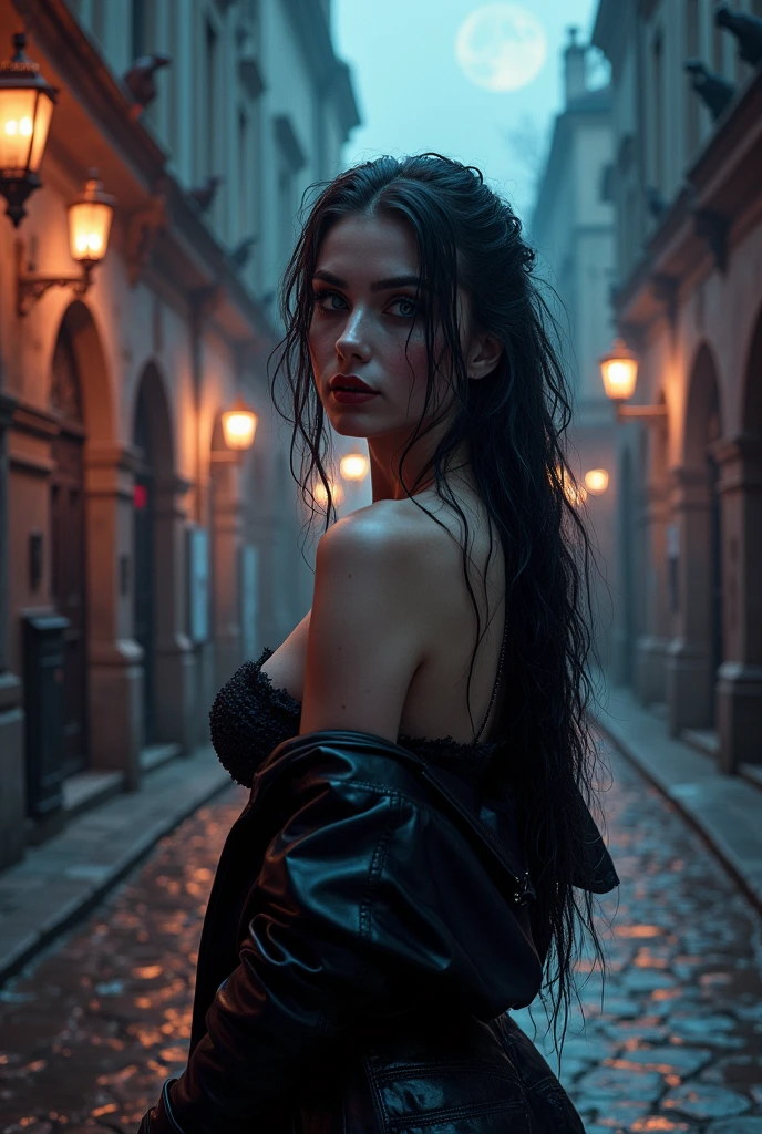 ((best quality)), ((masterpiece)), (detailed), 1girl, Caucasian (dark messy wet flowing hair:1.3), skinny cute, ponytail hairstyle, 2:1.3, (smudged eye makeup:1.4), big lips:1.3, ( short height skinny cute:1.4), (naked, seductive pose, realistic photo, ((4K)) , sweaty textured skin, (small breasts:1.rty:1.2), a seductive vampire standing on a moonlit cobblestone street corner, the the moonlight creates reflections off the cobblestone floor. in an old European city. The vampire is wearing a bikers leather jacket with nothing on underneath, while seductively holding the jacket open from each side with both hands to reveal her Cleaverge. Her lower part of the body wearing sexy stocking witiker boots. Her skin is unnaturally pale, contrasting with blood-red lips and elongated fangs barely visible as she seductively smirks at the viewer. She has beautiful green eyes with long flowing messy wet hair that has streaks of midnight blue.
The background transforms into a misty, gothic cityscape. Candle lamps cast a flickering, ominous light on crumbling stone buildings. Gargoyles leer from rooftops, and wrought-iron fences line the street. The motorcycle in the foreground becomes a sleek, black mechanical beast with glowing red accents.
Shadowy figures lurk in doorways, hinting at a hidden vampire society. A full moon hangs low in the sky, bathing the scene in an otherworldly silvery light.
The color palette shifts to deep purples, inky blacks, and rich crimsons, creating an atmosphere of supernatural allure and danger. Wisps of fog curl around the vampire's feet, adding to the mystical ambiance.
This reimagined composition maintains the sexy seductive pose of the subject but infuses the scene with elements of gothic horror and vampire lore, transforming a classic vintage urban ting into a timeless realm of dark fantasy. Camera used nikon f2, lens used is vintage nikkor 85mm f2 to create amazing shallow depth of field.