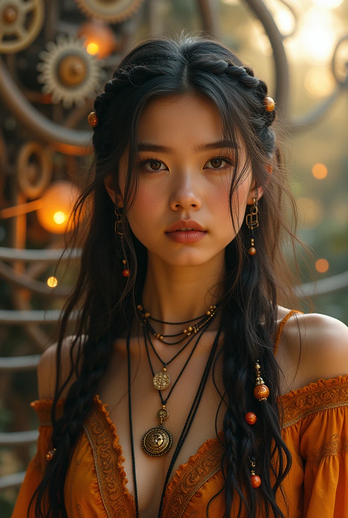 portrait of a young woman with braids and a necklace, 8k portrait rendering, hyperdetailed fantasy character, 8k 3D rendering character art, cinematic realistic portrait, intricate wlop, soft portrait photographed in 8k, Realistic fantasy rendering, cg society portrait, Young man in steampunk clothes, fantasy art portrait, highly detailed digital art in 4k, highly detailed character