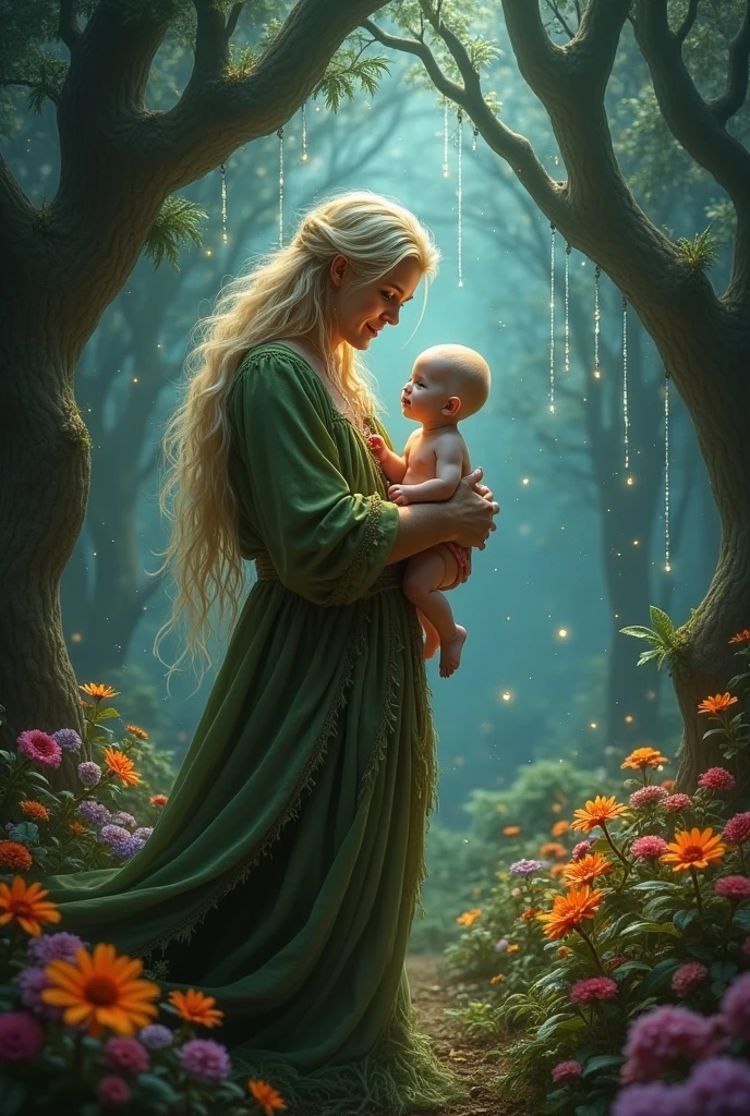 Make a fairy man character, bonitas. Blonde hair with some white streaks. Taking care of a cute baby. Inspired not rumplestilkin. dark fantasia.