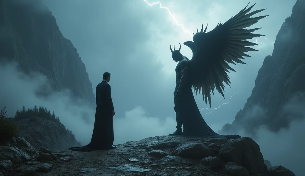 The Antichrist in a suit on an isolated mountain, bowing to the devil with fallen angel wings, in an evil invocation ritual (1920x1080, high details, landscape)