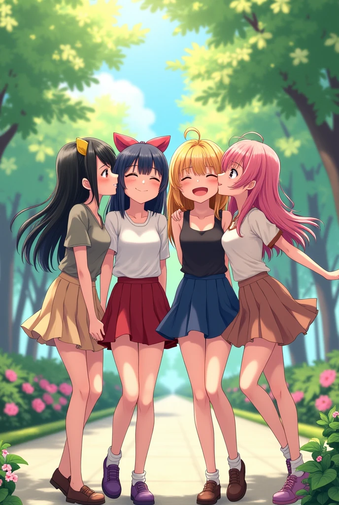 4 girls kissing in short skirts showing panties