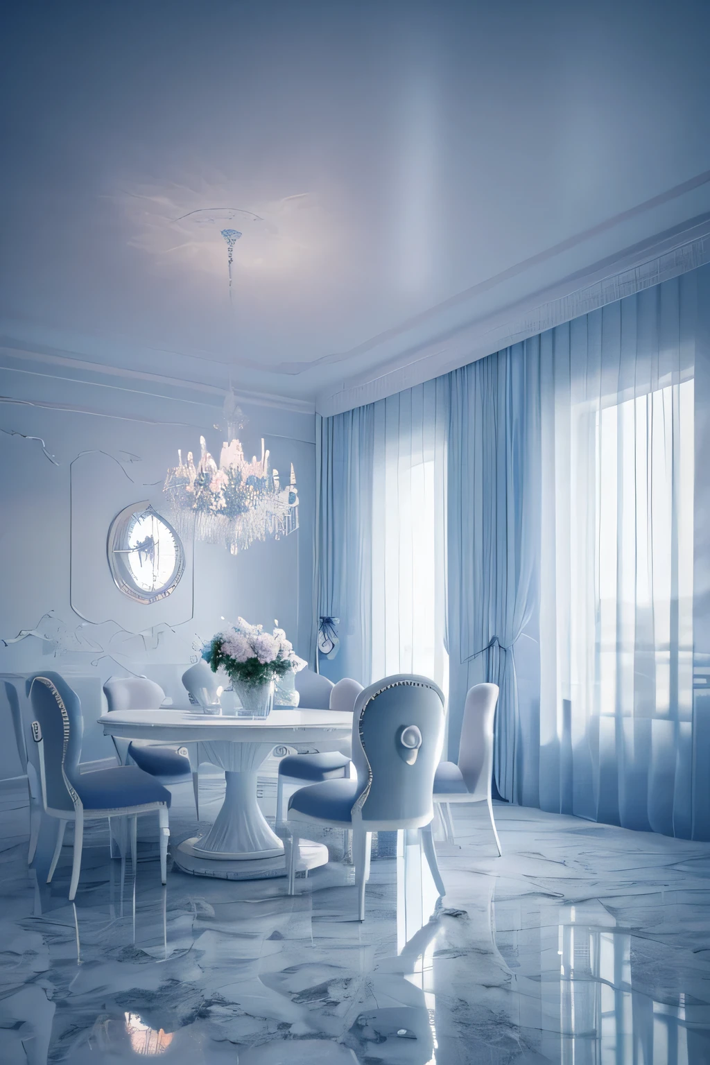 a white dreamy house, dining room, retro, foggy, soft focus, year of 1995, cool lighting, muted pastel colors, glowing atmosphere, dramatic shadows, cinematic composition, dream-like quality, ethereal, romantic, soft focus photography, dark blue hour, midnight, windy, white marble, peony flower