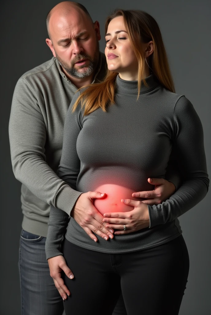 A woman is wearing a tight turtleneck sweater and has very large breasts and buttocks. A man is hitting her stomach from the side. The woman is pushed back and in pain..