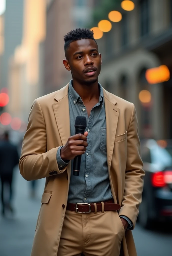 best qualityer:1.4), (ultra high resolution:1.2), (photorrealistic:1.4), (8k, CRU photo:1.2), a thin young man of 20 years old, brown skin, with a smooth, beardless face, with short hair, with shaved sides and a low top, he is wearing a gray shirt and a long beige coat. He is wearing beige pants and a belt.. He has a microphone in his hand as if he were speaking.