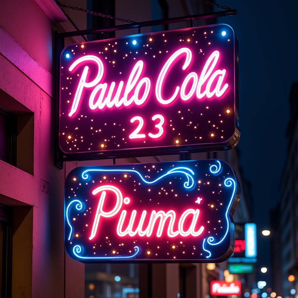 Create an image with the name “Paulo Cola” AND the number “23", AND draw a sign for a city called “Piuma”. Purple as the main color theme.