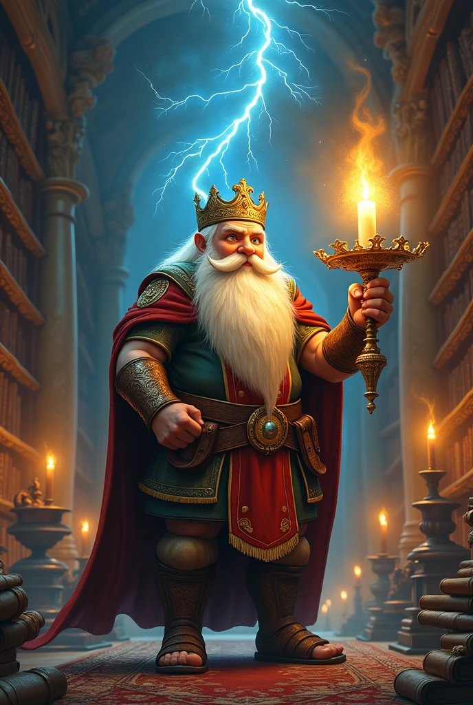 Young scholar dwarf with candelabra and a crown and sandals and powers of lightning and ice around