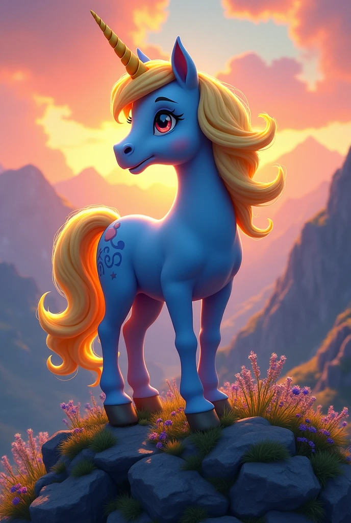 blue pony with yellow mane and yellow horn, standing on a mountain, wind blowing, sunset in the backgroumd