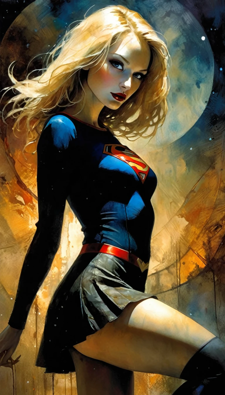 (Supergirl amazingly flies through outer space), miniskirt, full suit, perfect ass, galaxies all around you. dynamic pose ((she has blonde hair, she has long hair)), perfect ass (best quality, 4k, 8k, high resolution, masterpiece: 1.2)eroticism, sexy, black and white image, between shadows, oil painting, chiaroscuro, sensual, dramatic lighting, moody atmosphere, photorealistic, intricate details, masterpiece, ultra-detailed, high quality, 8k, best quality, realistic, cinematic, dark and brooding, expressionistic, powerful composition, emotional impact, art inspired by Bill Sienkiewicz and Dave McKean, ultra detailed, (realistic, photorealistic, photorealistic: 1.37), intricate details, vivid colors, sharp focus, professional, artwork by Dave McKean, surrealism touch oil, oil painting style, portrait, woman, beautiful detailed eyes, beautiful detailed lips, dreamy atmosphere, shadow play, soft lighting, fun pose, dark tones, ethereal background, fantasy elements, texture, layered composition art inspired by Bill Sienkiewicz and Dave McKean,, art inspired by Bill Sienkiewicz and Dave McKean