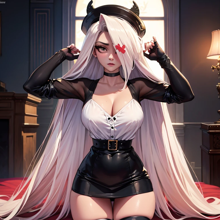 on fours, back view, sex(masterpiece, best quality:1.4), absurdres, highres, ultra detailed, beautiful, (secretary), (perfect face, detailed face, beautiful:1.3),(natural breasts, cleavage), collarbone, fingerless gloves, gloves,spaghetti strap top, black pencil skirt, tight, over the knee skirt, hat, elegant secretary outfit, thighhighs, thick thighs, thighs, multiple belts, More detailed 8K.motor irreal:1.4,UHD,La mejor calidad:1.4, fotorrealista:1.4, textura de la piel:1.4, obra maestra:1.8,obra-prima, mejor calidad,objeto Objeto], (detailed face features:1.3),(manos detailed)