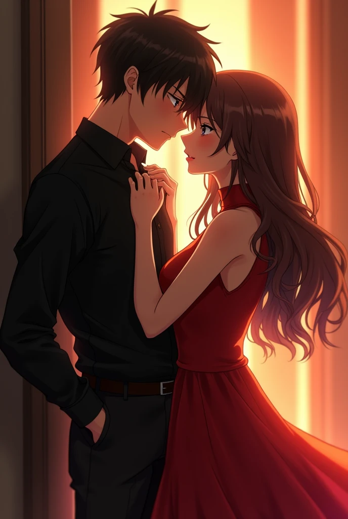 Anime scene: a boy who is 5'8 height young adult boy wearing black shirt and pant formally who has pused a girl who is 5'3  height wearing a red dress into the wall,boys left hand is on the wall and girls hand is on his shirts collor, they are about to kiss , focus the boy and girl, make it more beautiful 