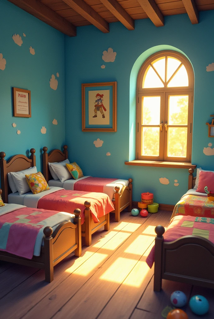 orphanage that has several beds and at the same time sky blue walls that look worn and is like an RPG game and with a general base drawing style in horizontal size make it in a more lively style 