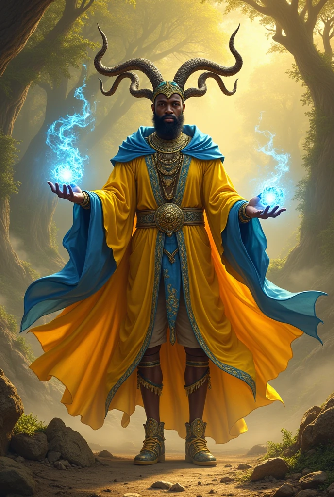 African male as a powerful myth wizard from Wizard 101 in yellow and blue. Wearing shoes and medusa