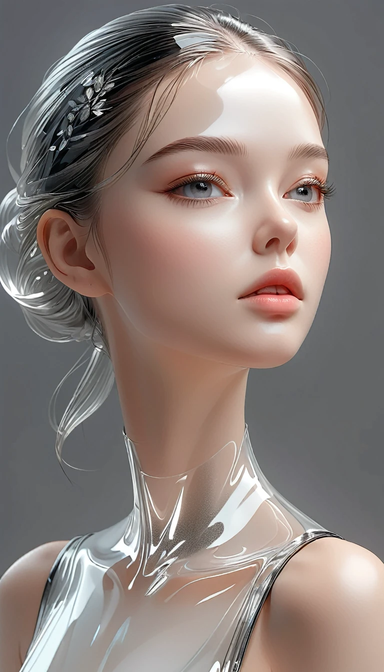 Beautiful girl, Transparent glass 3D portrait, Highly detailed and intricate facial features, glowing skin, minimalist style, Warm white and black color tones, gray background, Crystalline high gloss finish, masterpiece, best quality, 8k, very detailed, realistic, photo-realistic