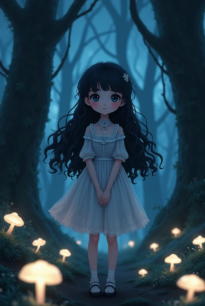 , long black curly hair, forest, dark fantasy, fungus, tender, anime, dark eyes, pink cheeks,  Victorian age, 