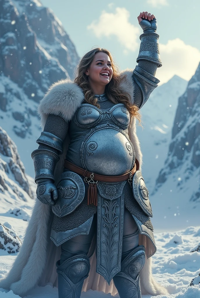 pregnant chubby barbarian woman  winter victory pose  chainmail