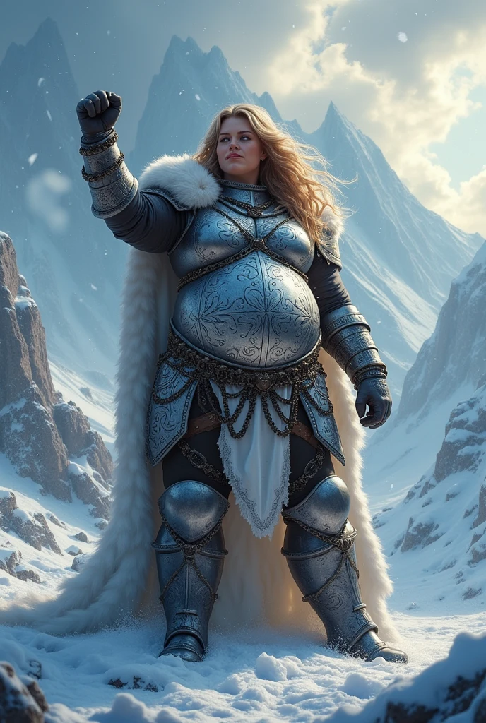 pregnant chubby barbarian woman  winter victory pose  chainmail