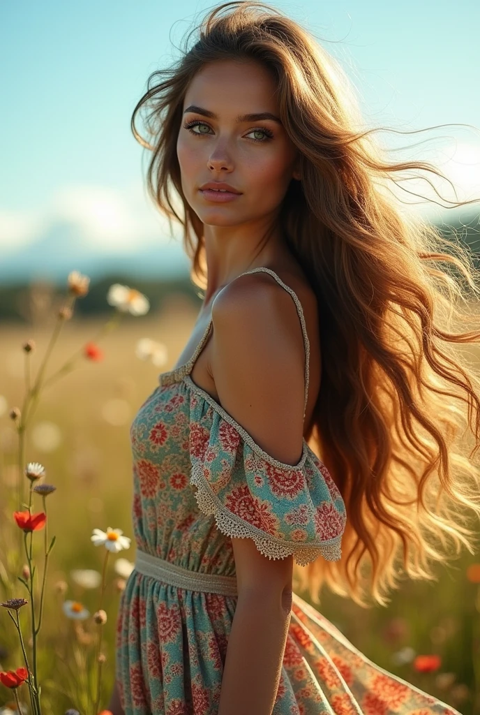 2d Beautiful girl with wavy long hair and green eyes, bohemian dress