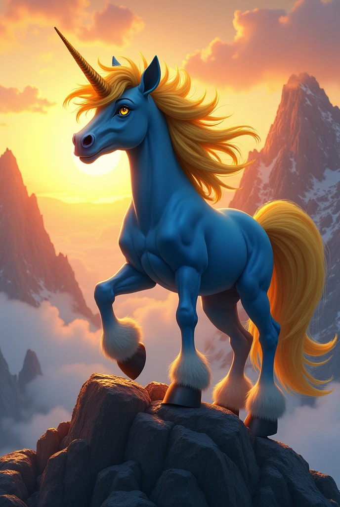 blue male pony with yellow mane and yellow horn, standing on a mountain, wind blowing, sunset in the backgroumd